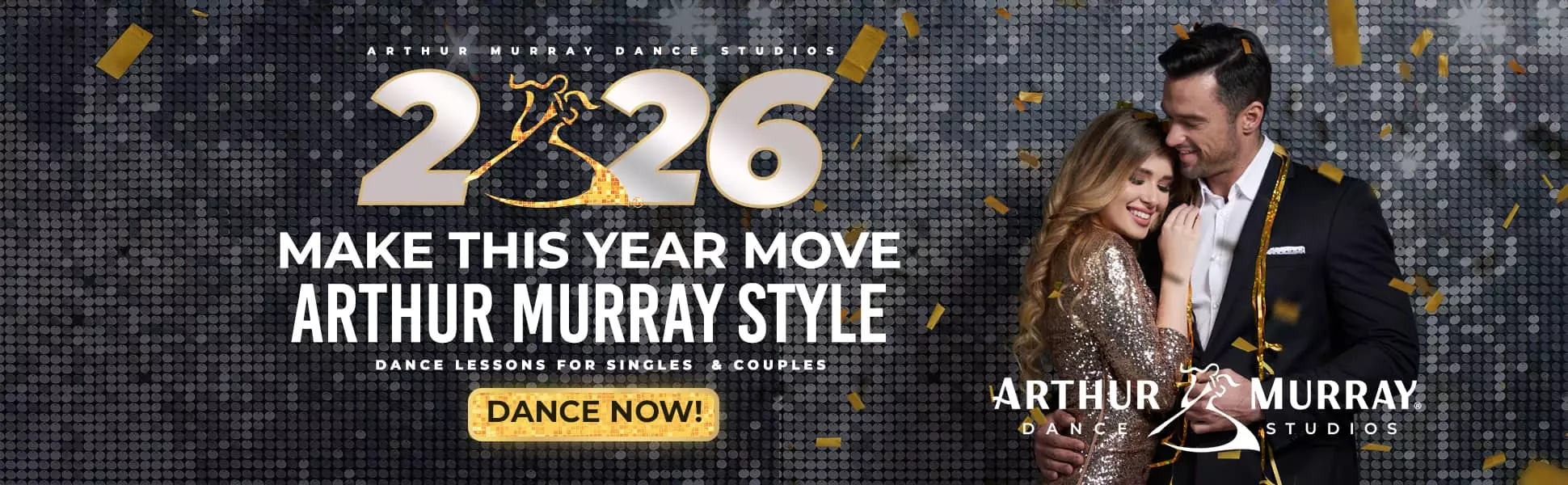 Arthur Murray Dance Studios New Year 2026 banner offering ballroom dance lessons for singles and couples